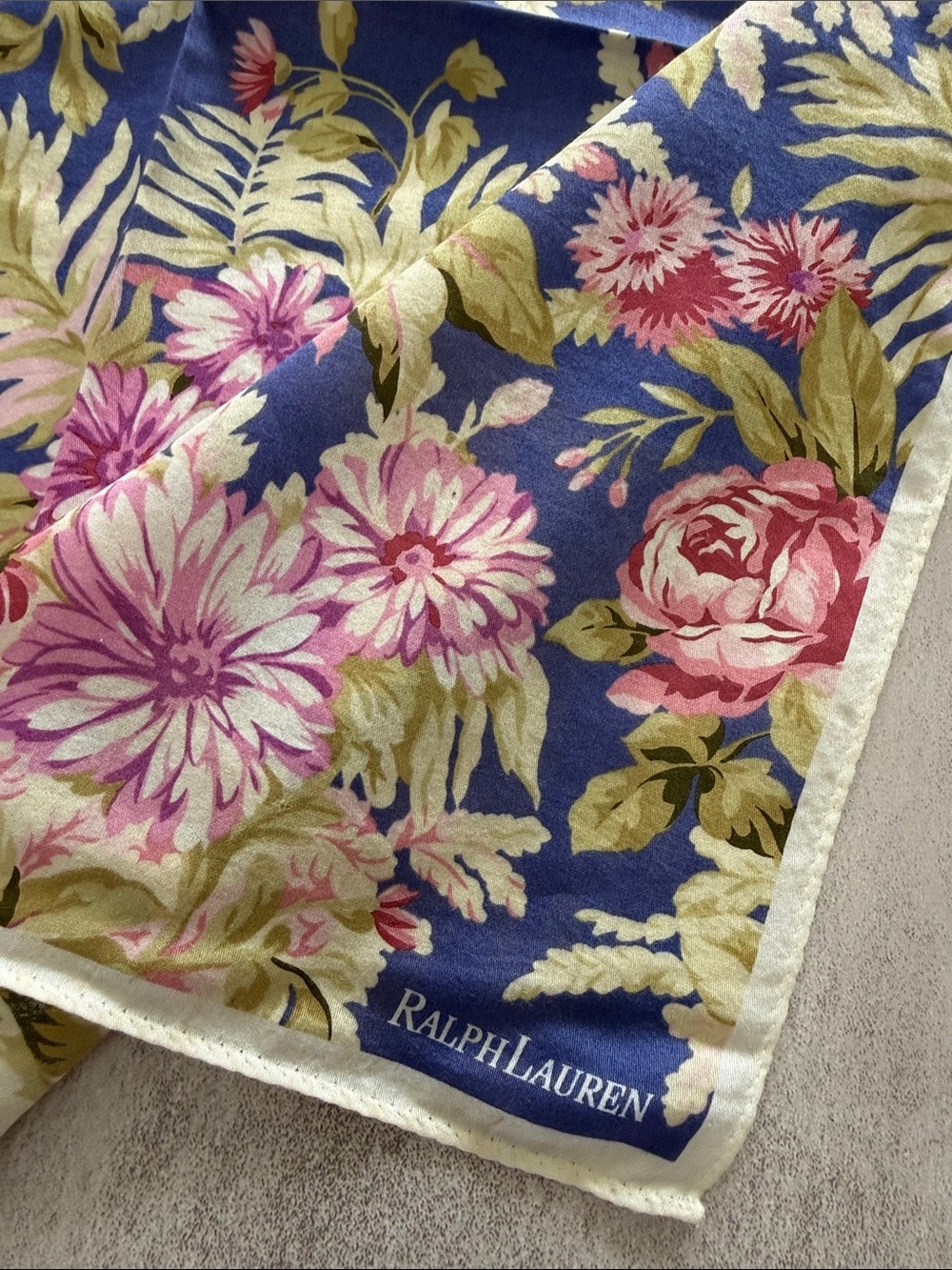 Ralph Lauren Blue Floral cotton Scarf with Pink Blooms - Picture 5 of 6